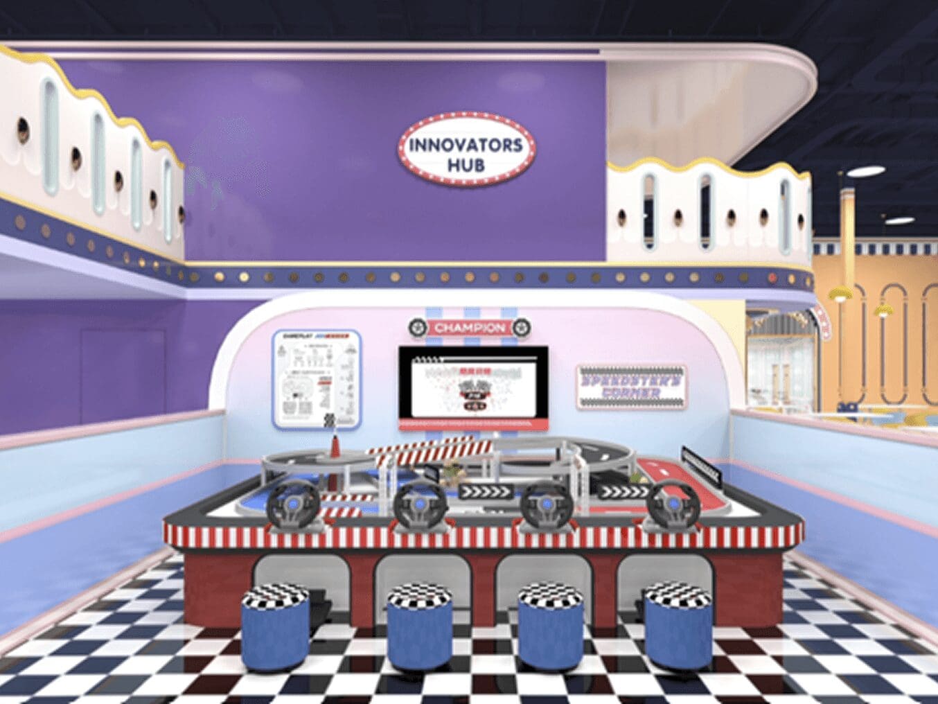 Retro diner interior with classic checkered floor and jukeboxes.