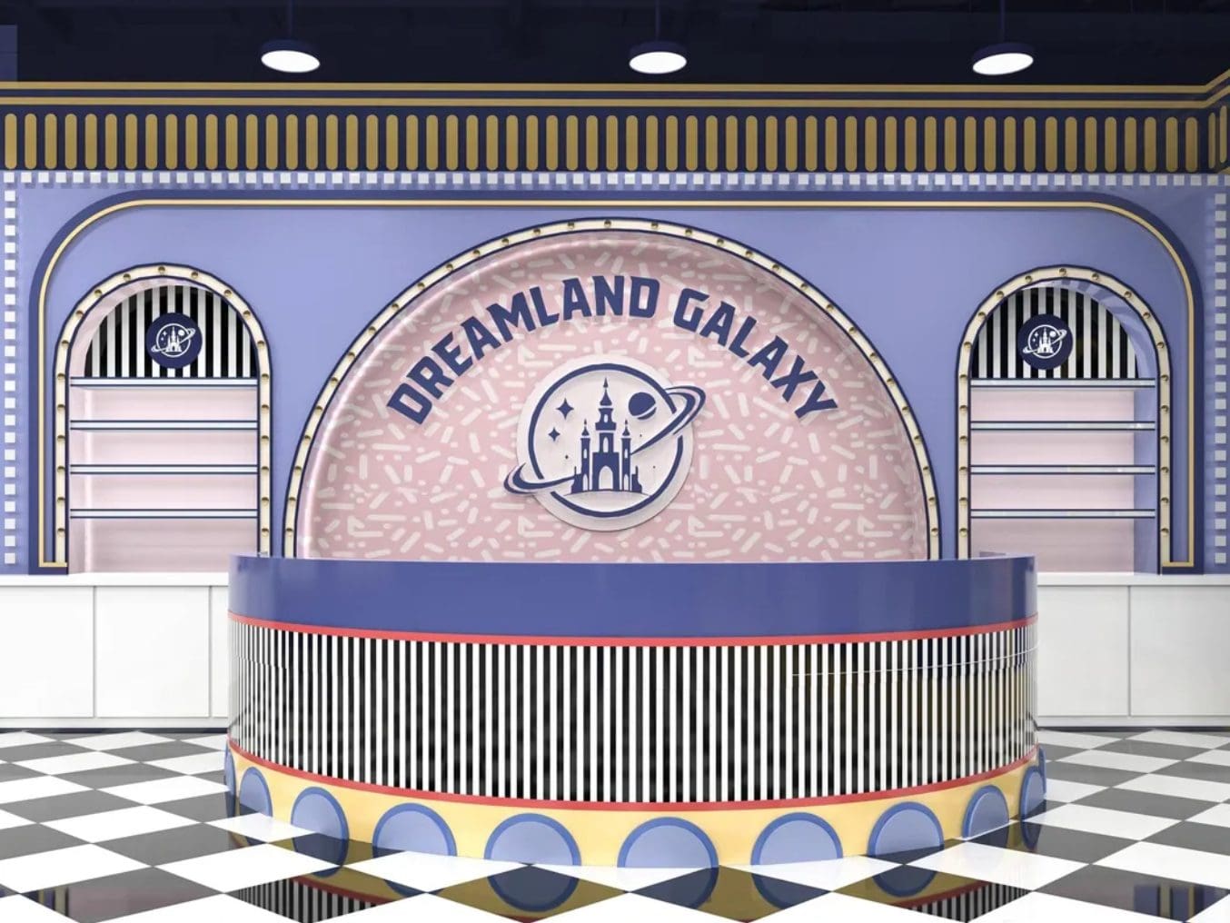 Reception desk of Dreamland Galaxy with retro-futuristic design.