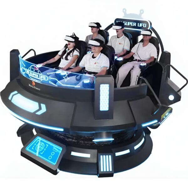 Six people enjoying a futuristic virtual reality ride together.