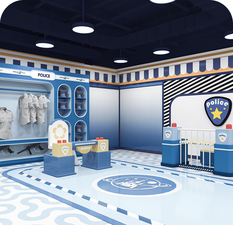 A colorful police-themed children's playroom with interactive elements.