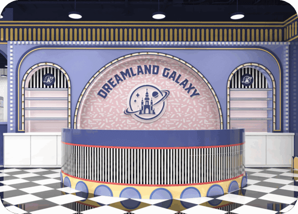 Reception desk at Dreamland Galaxy with a retro design and pastel colors.