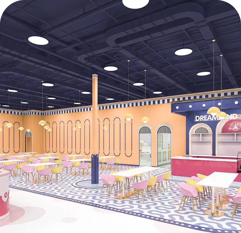 Pastel dessert cafe interior with pink chairs