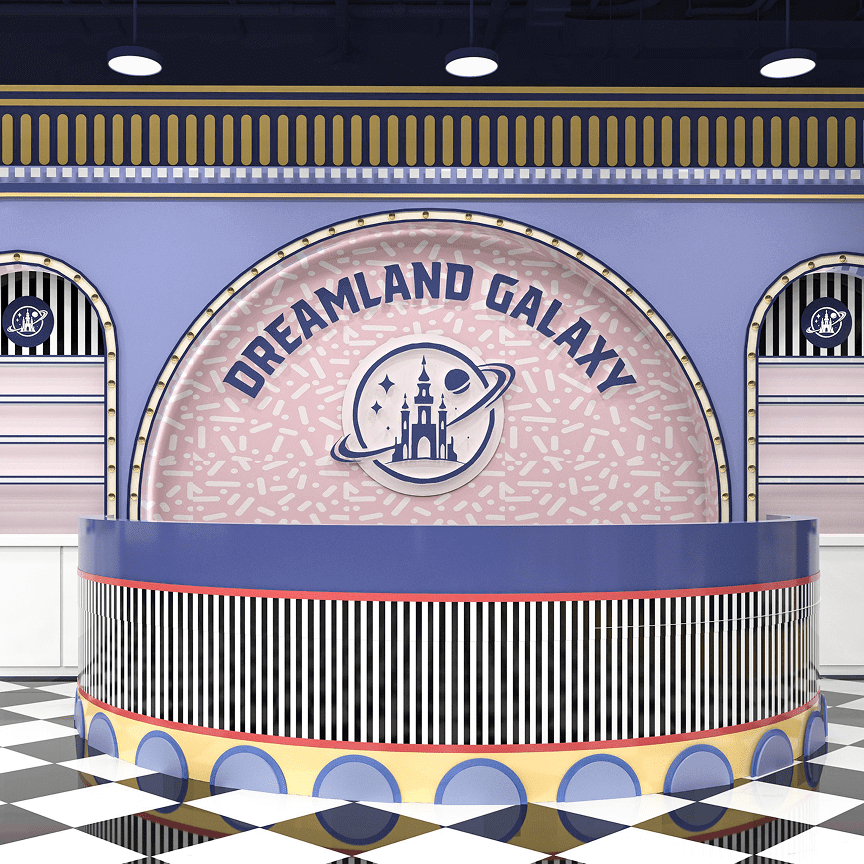Reception desk at Dreamland Galaxy with a retro design and pastel colors.